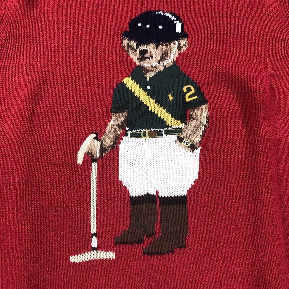 Polo Ralph Lauren Sweater Mens Medium Red Bear Knit Cotton Linen Classic RL - Picture 4 of 15
